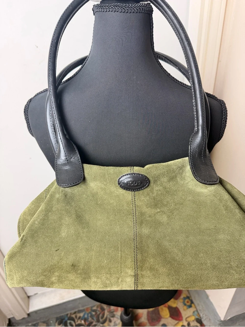 TOD’S Olive Green Suede Tote with Black Leather Handles